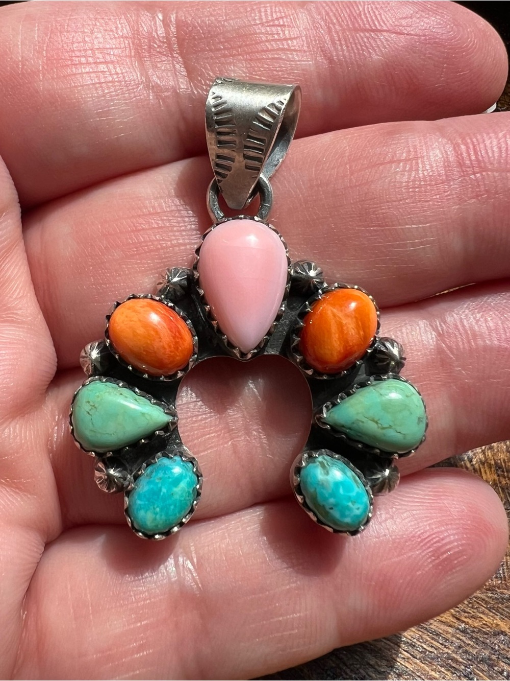 Sterling Silver Multi Stone Naja Pendant Kingman Turquoise Pink Conch Spiny - Picture 12 of 12